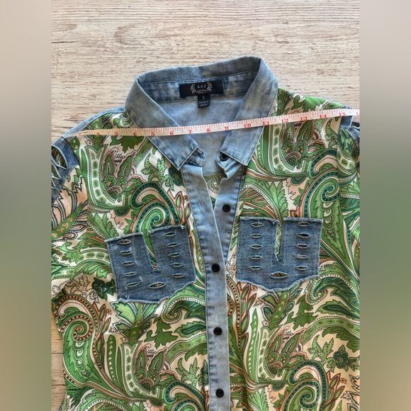 A.Z.I. New York Paisley Denim Chiffon Lattice Open Long Sleeve button Down Top S - Picture 8 of 15